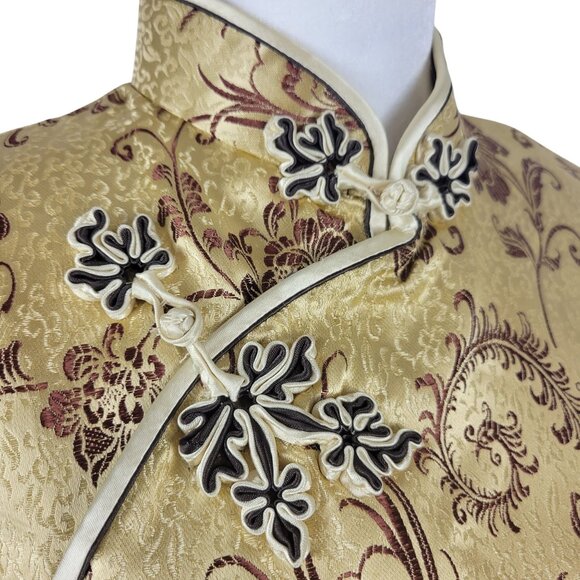Modern Cheongsam Traditional Gold Brown Embroidery Floral Swirl Dress Korean 38 - Picture 9 of 16
